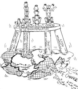 The Oppressive Iron Stool of Overpopulation Concept by Karen I. Shragg. Drawing by Rah Lee.